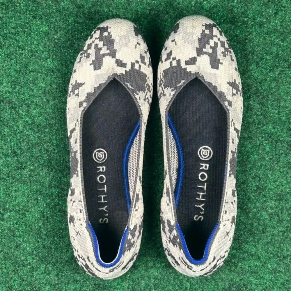 Rothys The Flat Round Toe Knit Ash Grey Camouflage Flats Womens 10‎ Rubber Sole